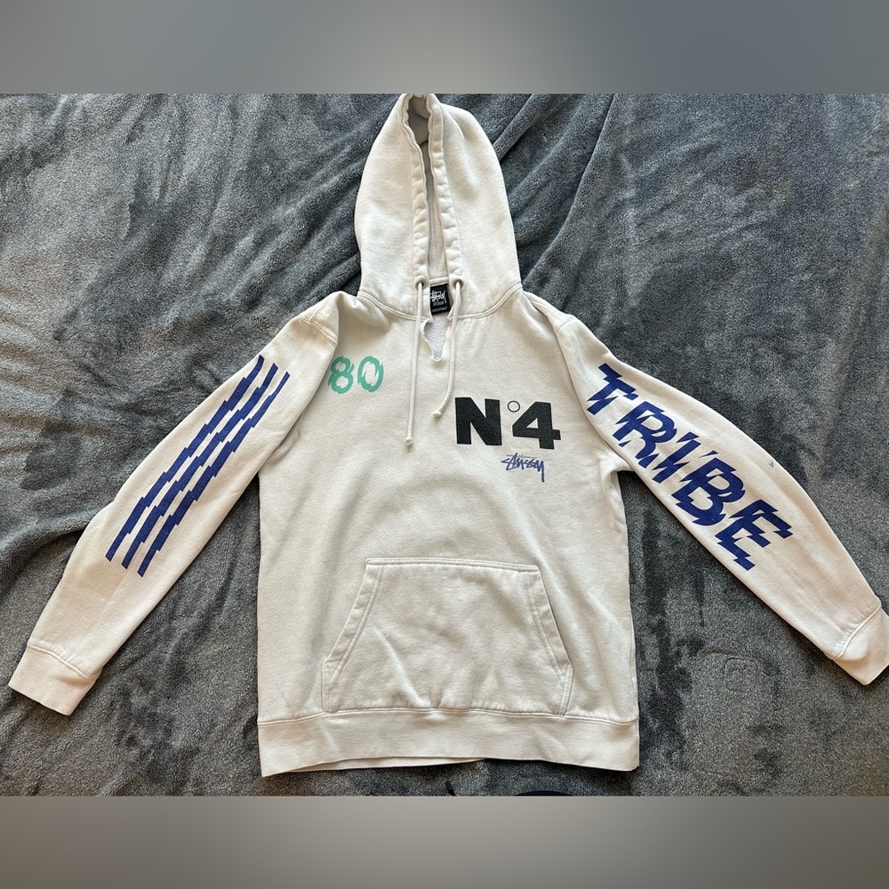 Stüssy Men's White No.4 Tribe Hoodie - Medium, Used